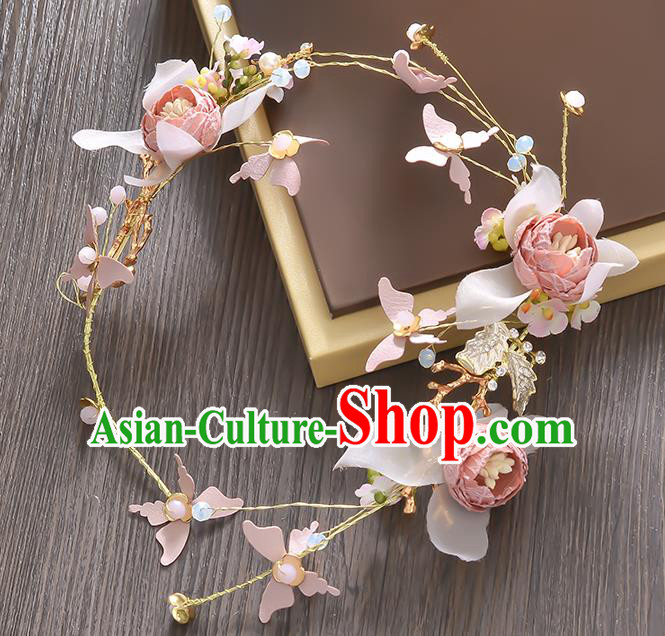 Top Grade Handmade Chinese Classical Hair Accessories Princess Wedding Baroque Pink Flowers Butterfly Garland Hair Clasp Bride Headband for Women