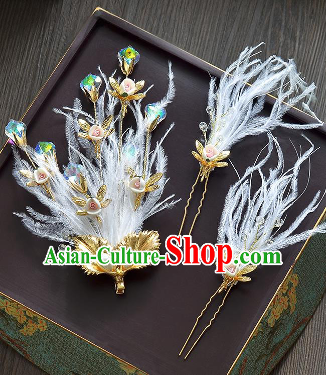 Top Grade Handmade Chinese Classical Hair Accessories Princess Wedding Baroque White Feather Hair Claw Bride Headband for Women