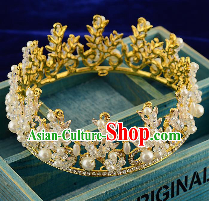 Top Grade Handmade Hair Accessories Baroque Luxury Crystal Pearls Round Royal Crown, Bride Wedding Hair Kether Jewellery Princess Golden Imperial Crown for Women