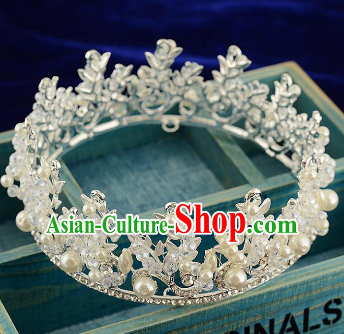 Top Grade Handmade Hair Accessories Baroque Luxury Crystal Pearls Round Royal Crown, Bride Wedding Hair Kether Jewellery Princess Imperial Crown for Women