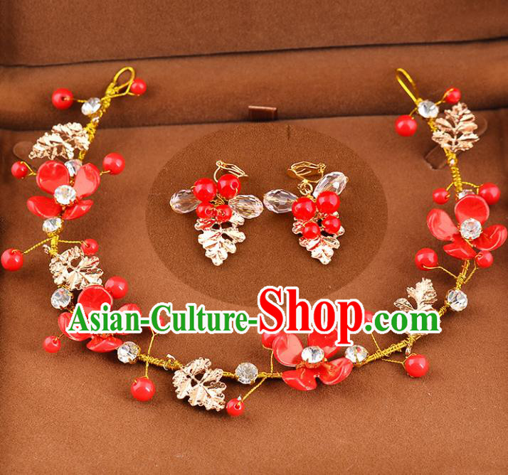 Top Grade Handmade Chinese Classical Hair Accessories Princess Wedding Baroque Red Flowers Hair Clasp and Earrings Bride Headband for Women