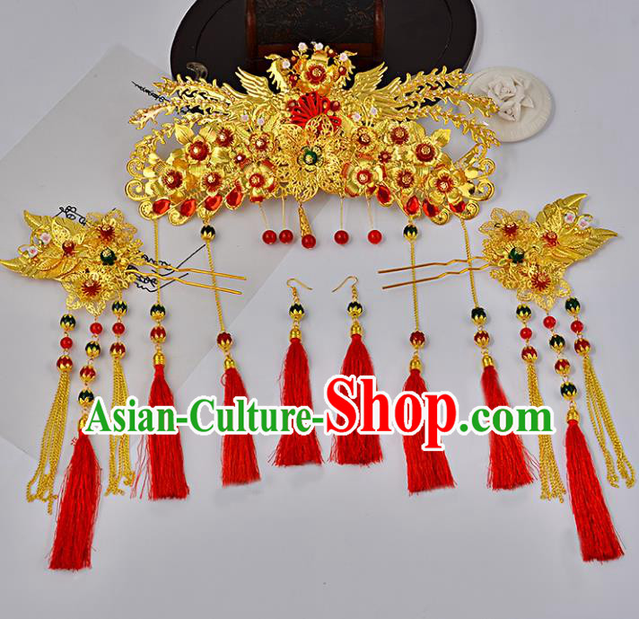 Traditional Handmade Chinese Ancient Costume Wedding Xiuhe Suit Hair Accessories Complete Set Phoenix Coronet, Bride Palace Lady Red Tassel Step Shake Hanfu Hairpins for Women