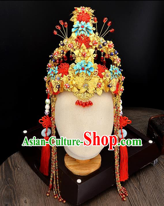 Traditional Handmade Chinese Ancient Wedding Hair Accessories Xiuhe Suit Tassel Phoenix Coronet, Bride Palace Lady Step Shake Hanfu Hair Stick for Women