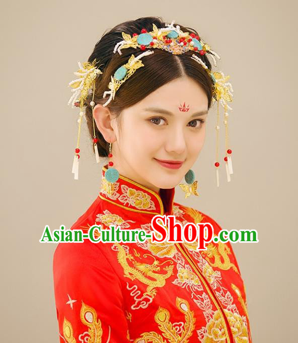 Traditional Handmade Chinese Ancient Wedding Cloisonne Hair Accessories Complete Set Xiuhe Suit Tassel Phoenix Coronet, Bride Palace Lady Step Shake Hanfu Hairpins for Women