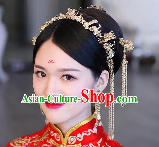 Traditional Handmade Chinese Ancient Wedding Xiuhe Suit Hair Accessories Golden Tassel Hair Clasp Complete Set, Bride Palace Lady Step Shake Hanfu Hairpins for Women