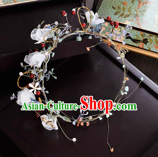 Top Grade Handmade Chinese Classical Hair Accessories Princess Wedding Baroque White Silk Flower Garland Hair Clasp Bride Headband Headwear for Women