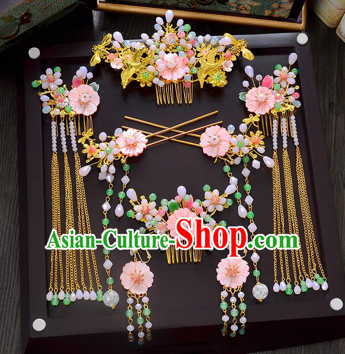 Traditional Handmade Chinese Ancient Wedding Xiuhe Suit Hair Accessories Pink Shell Flowers Hair Comb Complete Set, Bride Palace Lady Step Shake Hanfu Hairpins for Women