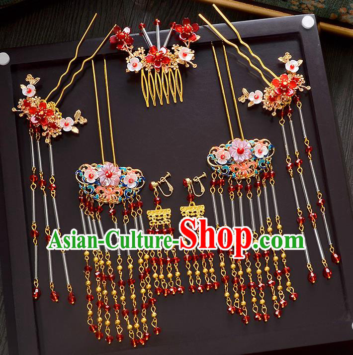 Traditional Handmade Chinese Ancient Wedding Xiuhe Suit Hair Accessories Cheongsam Tassel Hair Comb Complete Set, Bride Palace Lady Step Shake Hanfu Hairpins for Women