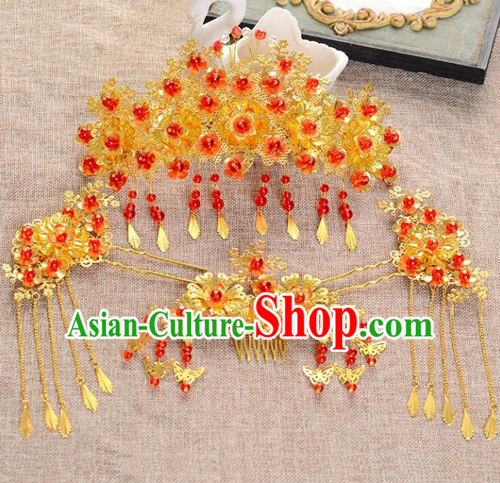 Traditional Handmade Chinese Ancient Wedding Xiuhe Suit Hair Accessories Cheongsam Tassel Phoenix Coronet Complete Set, Bride Palace Lady Step Shake Hanfu Hairpins for Women