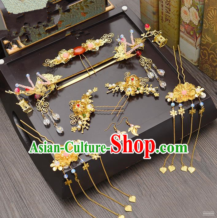 Traditional Handmade Chinese Ancient Wedding Butterfly Hair Accessories Complete Set Xiuhe Suit Hair Comb, Bride Palace Lady Tassel Step Shake Hanfu Hairpins for Women