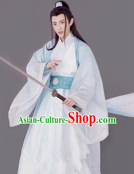 Traditional Chinese Ancient Times Swordsman Costume and Headpiece Complete Set, Xuan-Yuan Sword Legend  The Clouds of Han Chinese Prince Hanfu Robe for Men