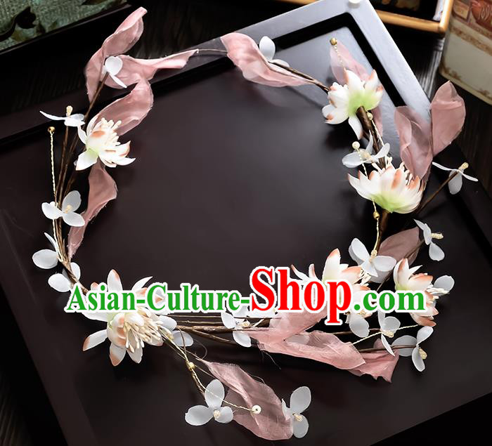 Top Grade Handmade Chinese Classical Hair Accessories Princess Wedding Baroque Pink Silk Leaf Flowers Garland Hair Clasp Headband Bride Headband for Women