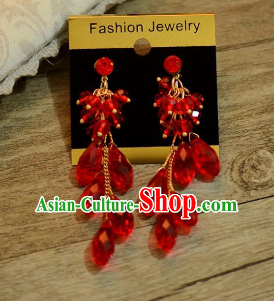 Top Grade Handmade Chinese Classical Jewelry Accessories Wedding Red Crystal Tassel Ear Stud Bride Hanfu Earrings for Women