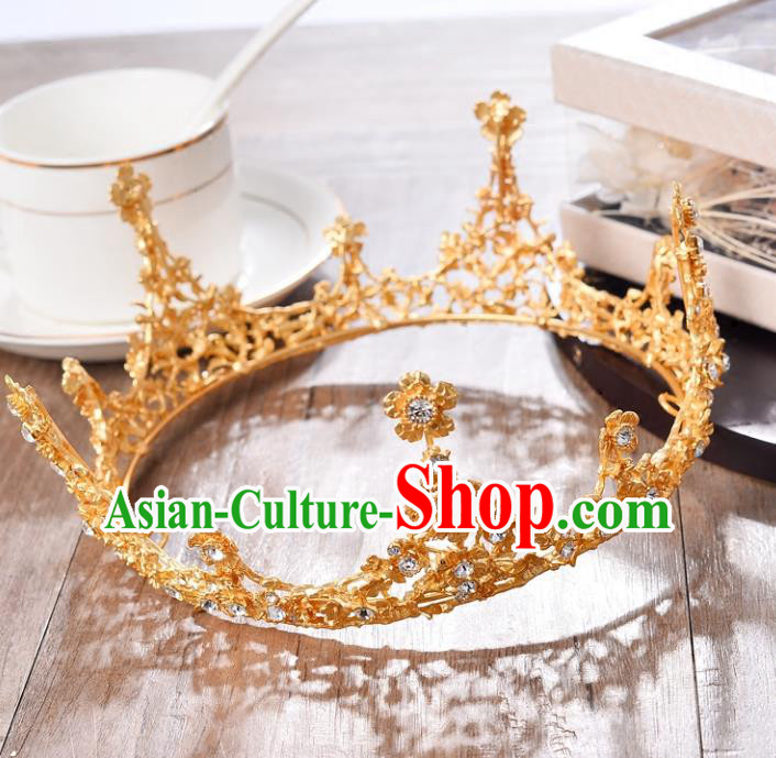Top Grade Handmade Hair Accessories Baroque Queen Crystal Golden Round Royal Crown, Bride Wedding Hair Jewellery Princess Imperial Crown for Women