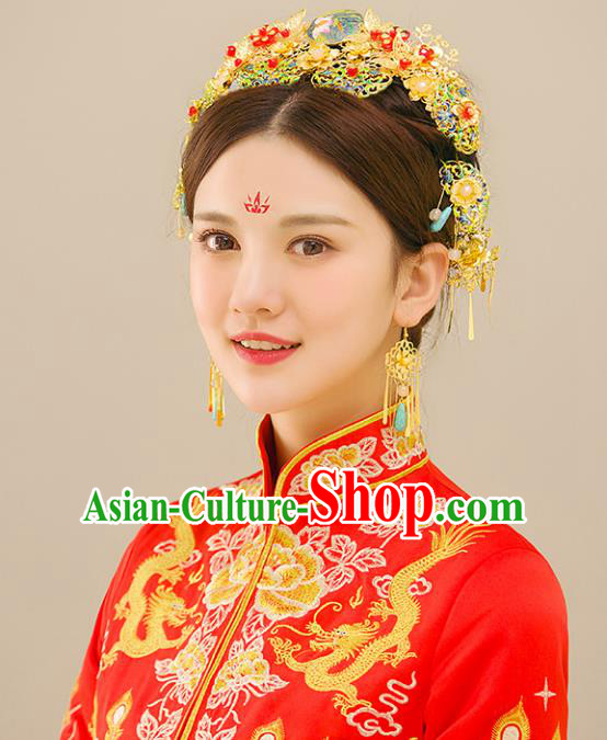 Traditional Handmade Chinese Wedding Xiuhe Suit Bride Blueing Tassel Phoenix Coronet Hair Accessories Complete Set, Step Shake Hanfu Hairpins for Women