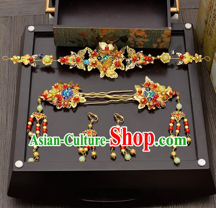Traditional Handmade Chinese Wedding Xiuhe Suit Bride Cloisonne Butterfly Hair Accessories Complete Set, Jade Phoenix Coronet Step Shake Hanfu Hairpins for Women