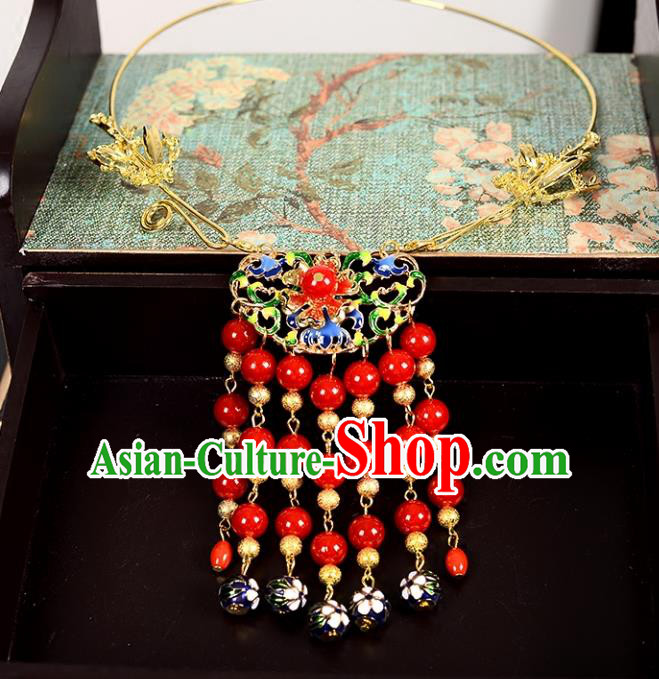 Top Grade Handmade Chinese Classical Jewelry Accessories Wedding Xiuhe Suit Red Beads Tassel Necklace Bride Hanfu Necklet Headgear for Women