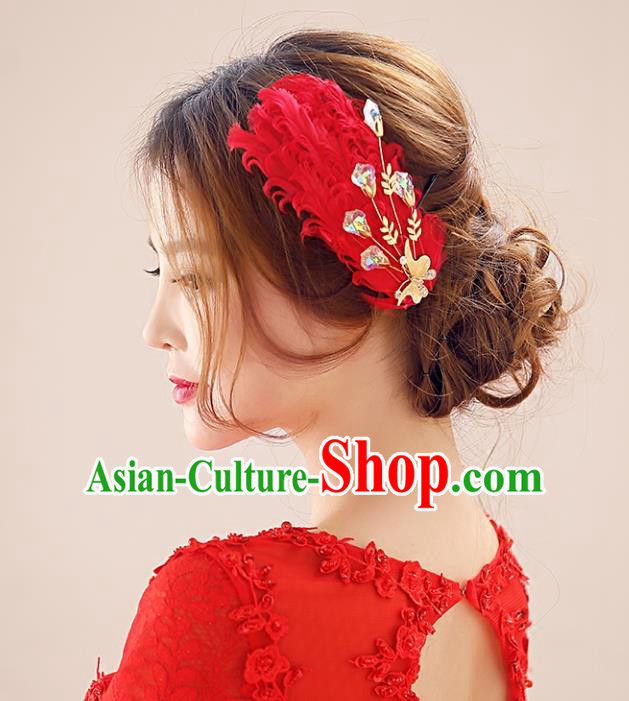 Top Grade Handmade Chinese Classical Hair Accessories Princess Wedding Baroque Headwear Red Feather Headband Hair Stick for Women