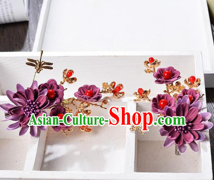 Top Grade Handmade Chinese Classical Hair Accessories Princess Wedding Baroque Headwear Purple Flowers Headband Hair Stick for Women