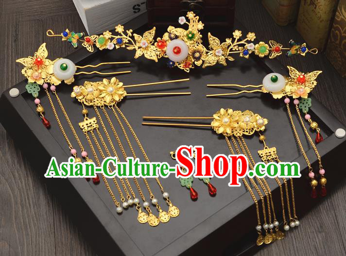 Traditional Handmade Chinese Wedding Xiuhe Suit Bride Hair Accessories Golden Tassel Phoenix Coronet Complete Set, Step Shake Hanfu Hairpins for Women