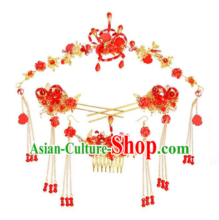 Traditional Handmade Chinese Wedding Xiuhe Suit Bride Hair Accessories Red Beads Phoenix Coronet Complete Set, Tassel Step Shake Hanfu Hairpins for Women