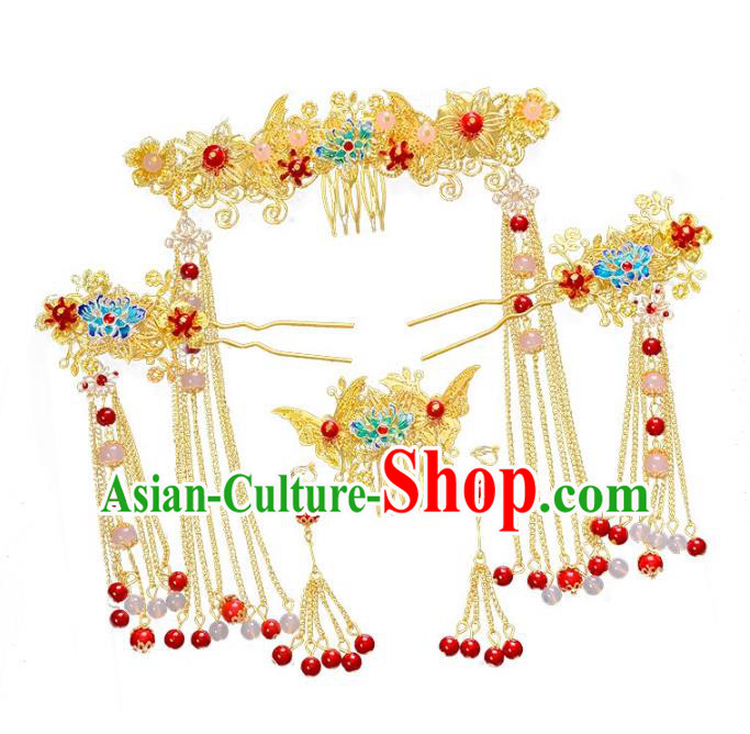 Traditional Handmade Chinese Wedding Xiuhe Suit Bride Hair Accessories Hair Comb Complete Set, Step Shake Hanfu Hairpins for Women