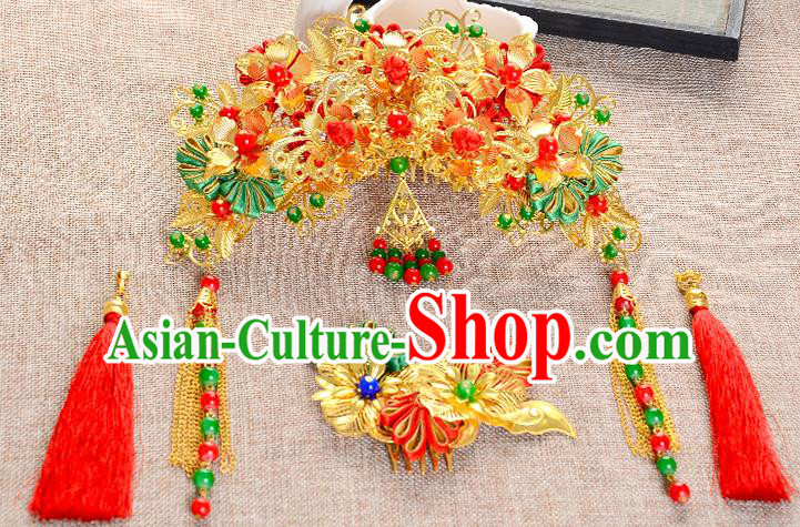 Traditional Handmade Chinese Wedding Xiuhe Suit Bride Hair Accessories Complete Set Tassel Hair Comb, Phoenix Coronet Step Shake Hanfu Hairpins for Women