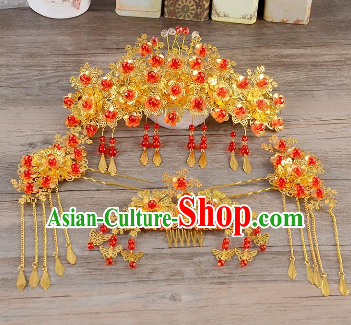 Traditional Handmade Chinese Wedding Xiuhe Suit Bride Hair Accessories Complete Set, Tassel Hair Comb Phoenix Coronet Step Shake Hanfu Hairpins for Women