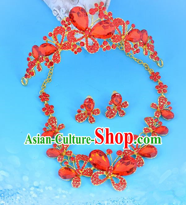 Top Grade Handmade Chinese Classical Jewelry Accessories Wedding Red Crystal Butterfly Royal Crown and Necklace Earrings Bride Hanfu Headgear for Women