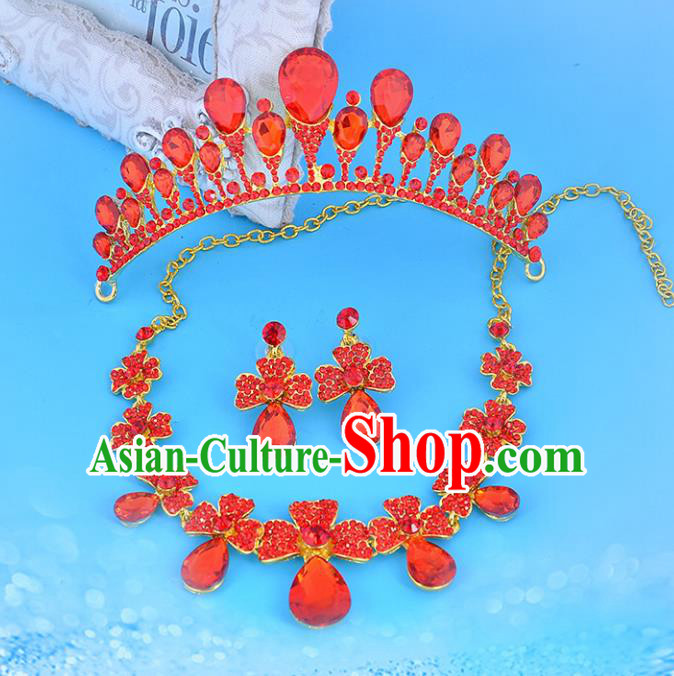 Top Grade Handmade Chinese Classical Jewelry Accessories Wedding Red Crystal Bowknot Royal Crown and Necklace Earrings Bride Hanfu Headgear for Women