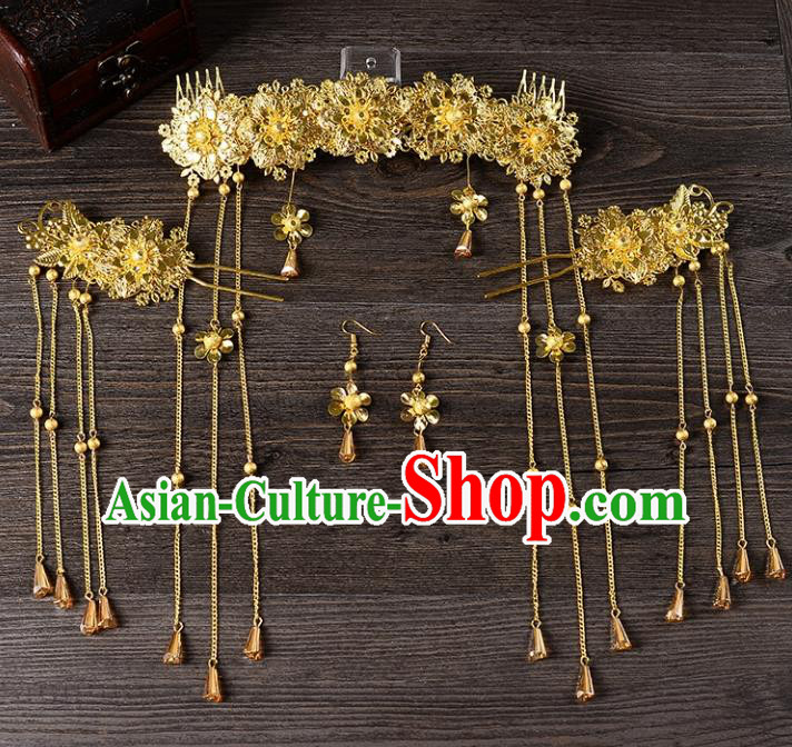 Traditional Handmade Chinese Wedding Xiuhe Suit Bride Hair Accessories Complete Set, Tassel Phoenix Coronet Step Shake Hanfu Hairpins for Women