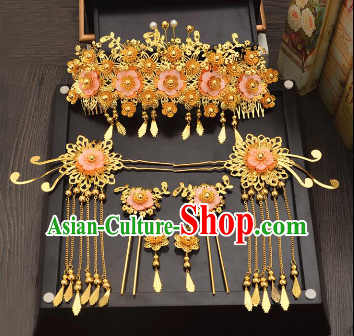 Traditional Handmade Chinese Wedding Xiuhe Suit Bride Hair Accessories Complete Set, Tassel Pink Flowers Phoenix Coronet Step Shake Hanfu Hairpins for Women