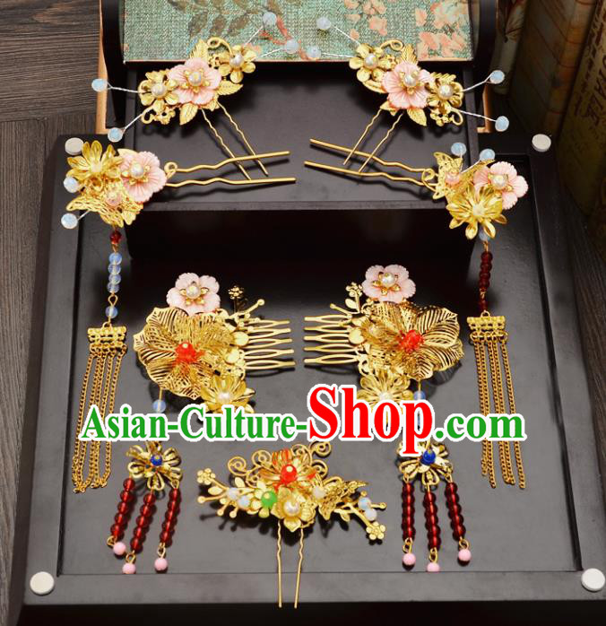 Traditional Handmade Chinese Wedding Xiuhe Suit Bride Hair Accessories Complete Set, Tassel Golden Flowers Hair Comb Step Shake Hanfu Hairpins for Women