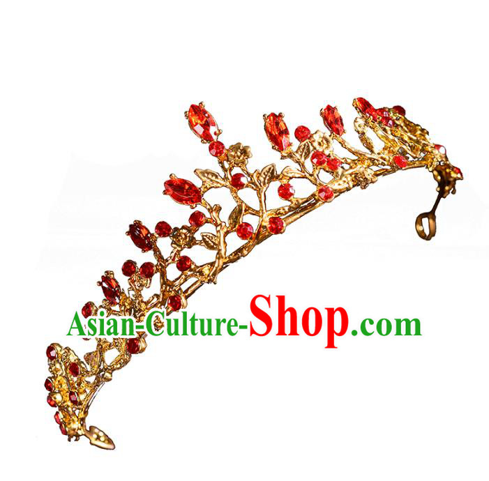 Top Grade Handmade Hair Accessories Baroque Red Rhinestone Imperial Crown, Bride Wedding Hair Jewellery Princess Crystal Golden Crown for Women