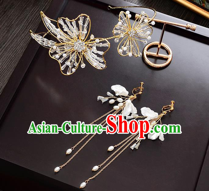Top Grade Handmade Chinese Classical Jewelry Accessories Wedding Crystal Pearls Hair Clasp and Earrings Bride Hanfu Headgear for Women