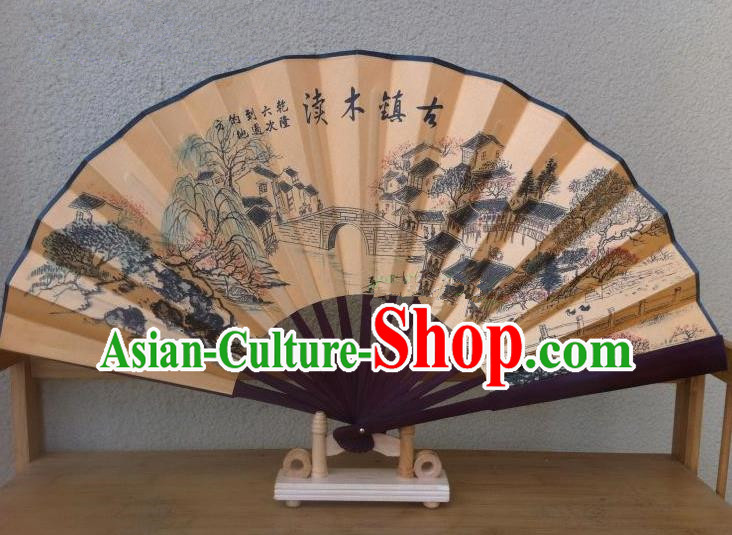 Traditional Chinese Crafts Silk Folding Fan China Sensu Printing Ancient Towns Wood Bridge Accordion Fan for Men