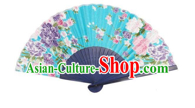 Traditional Chinese Crafts Silk Folding Fan China Sensu Japan Printing Flowers Dance Blue Accordion Fan for Women
