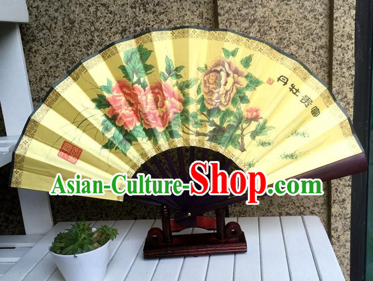 Traditional Chinese Crafts Peking Opera Folding Fan China Sensu Printing Peony Flowers Dance Accordion Silk Fan for Women