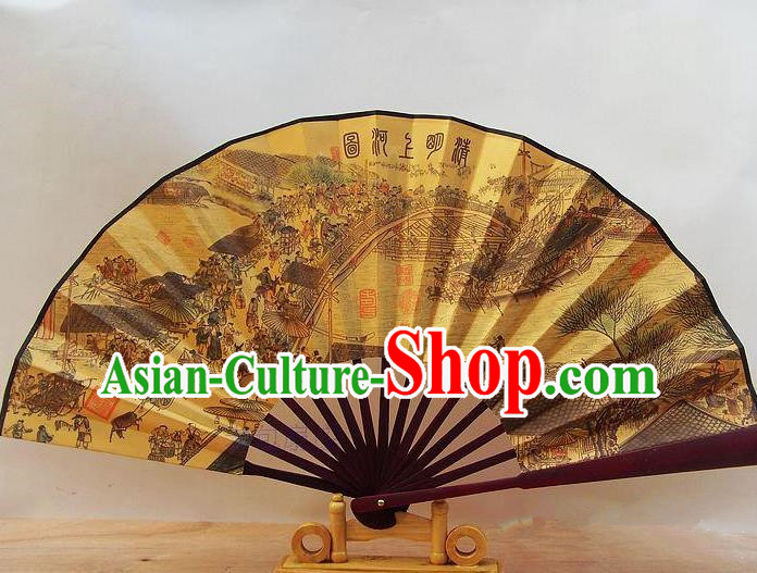 Traditional Chinese Crafts Peking Opera Folding Fan China Sensu Printing Riverside Scene at Qingming Festival Accordion Silk Fan for Men