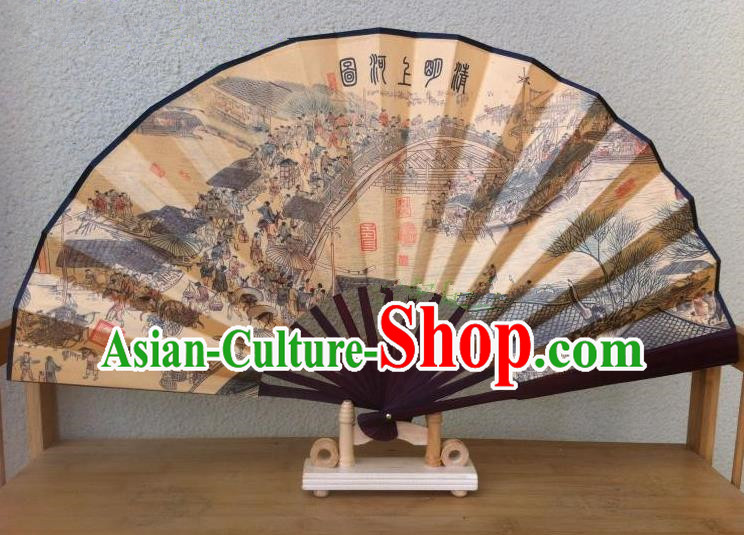 Traditional Chinese Crafts Silk Folding Fan China Sensu Ink Painting Riverside Scene at Qingming Festival Accordion Fan for Men