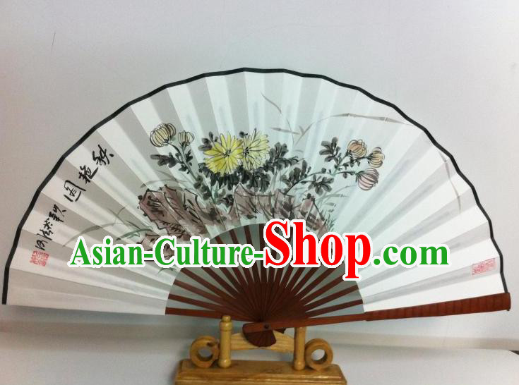 Traditional Chinese Crafts Peking Opera Folding Fan China Sensu Printing Chrysanthemum White Paper Fan for Women
