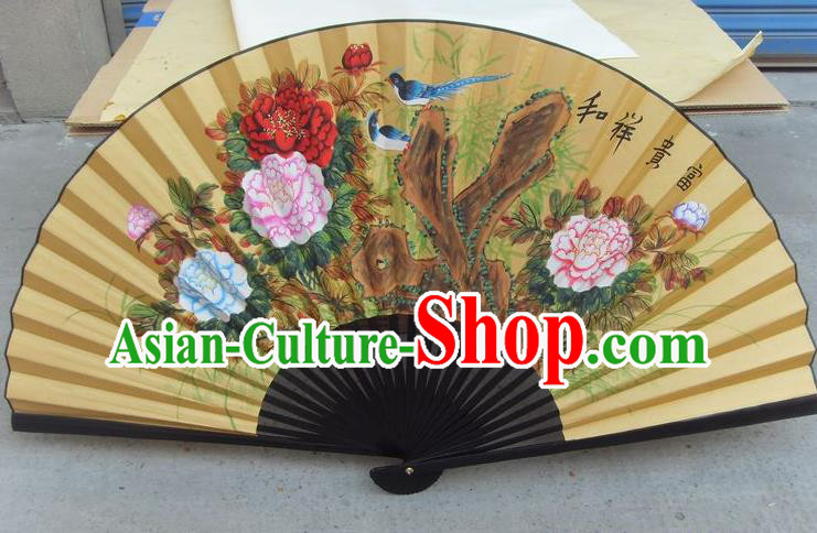 Traditional Chinese Crafts Peking Opera Folding Fan China Sensu Hand Painting Peony Rich Large Xuan Paper Fan