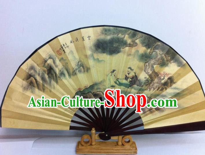 Traditional Chinese Crafts Peking Opera Folding Fan China Sensu Printing Chinese Poet Playing Chess Silk Fan for Men