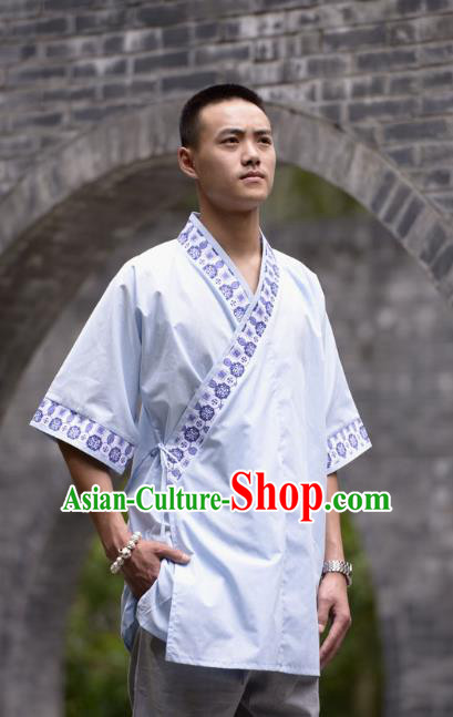 Traditional Chinese Han Dynasty Nobility Childe Hanfu Costume Slant Opening Grey Shirt, China Ancient Martial Arts Upper Garment Clothing for Men