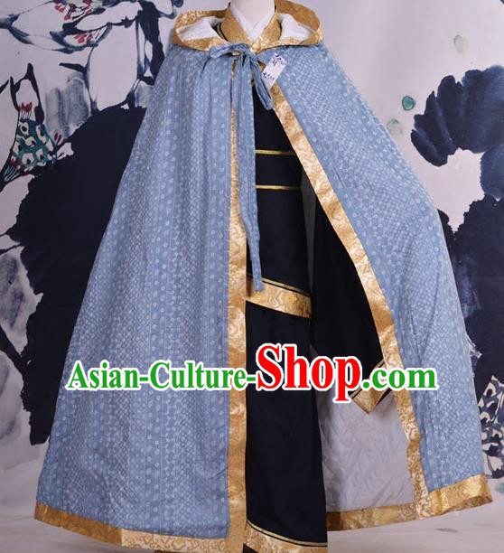 Traditional Ancient Chinese Costume Han Dynasty Prince Cloak, Elegant Hanfu Clothing Chinese Swordsman Blue Cape Clothing for Men