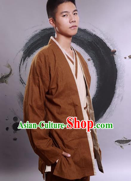 Traditional Chinese Han Dynasty Nobility Childe Hanfu Costume Brown Linen BeiZi, China Ancient Martial Arts Upper Garment Clothing for Men