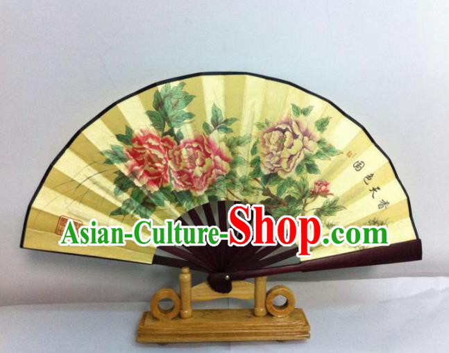 Traditional Chinese Crafts Peking Opera Folding Fan China Sensu Hand Painting Peony Chinese Silk Dance Fan for Women