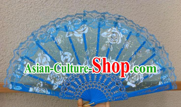 Traditional Chinese Crafts Peking Opera Folding Fan China Sensu Handmade Rose Chinese Dance Blue Lace Fan for Women