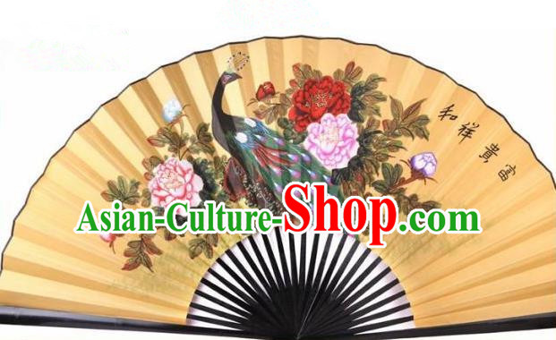 Traditional Chinese Crafts Peking Opera Folding Fan China Sensu Handmade Chinese Painting Peony Peacock Xuan Paper Fan for Men