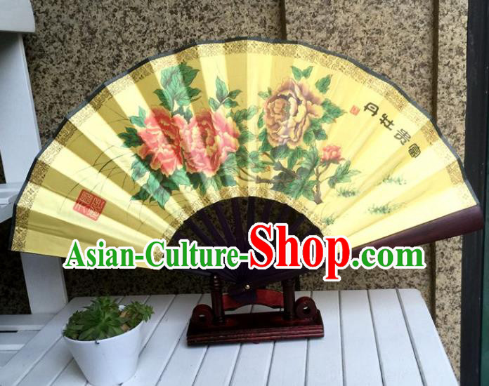 Traditional Chinese Crafts Peking Opera Folding Fan China Sensu Handmade Chinese Painting Peony Xuan Paper Fan for Men